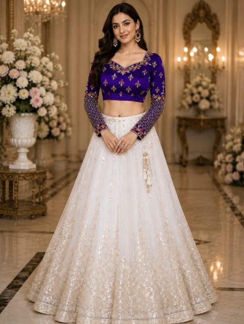 Purple 2-in-1 Multipurpose Crop Top Blouse with Heavy Zardosi Work | Floral Embroidery Designer Blouse | Full Sleeve Bridal Blouse | PRISARA - Image 7