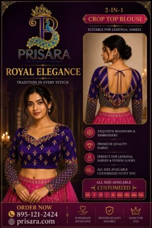 Purple 2-in-1 Multipurpose Crop Top Blouse with Heavy Zardosi Work | Floral Embroidery Designer Blouse | Full Sleeve Bridal Blouse | PRISARA
