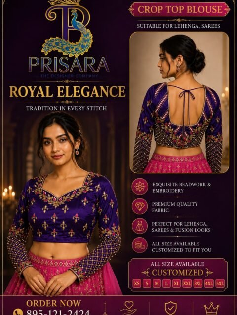 Purple 2-in-1 Multipurpose Crop Top Blouse with Heavy Zardosi Work | Floral Embroidery Designer Blouse | Full Sleeve Bridal Blouse | PRISARA - Image 4