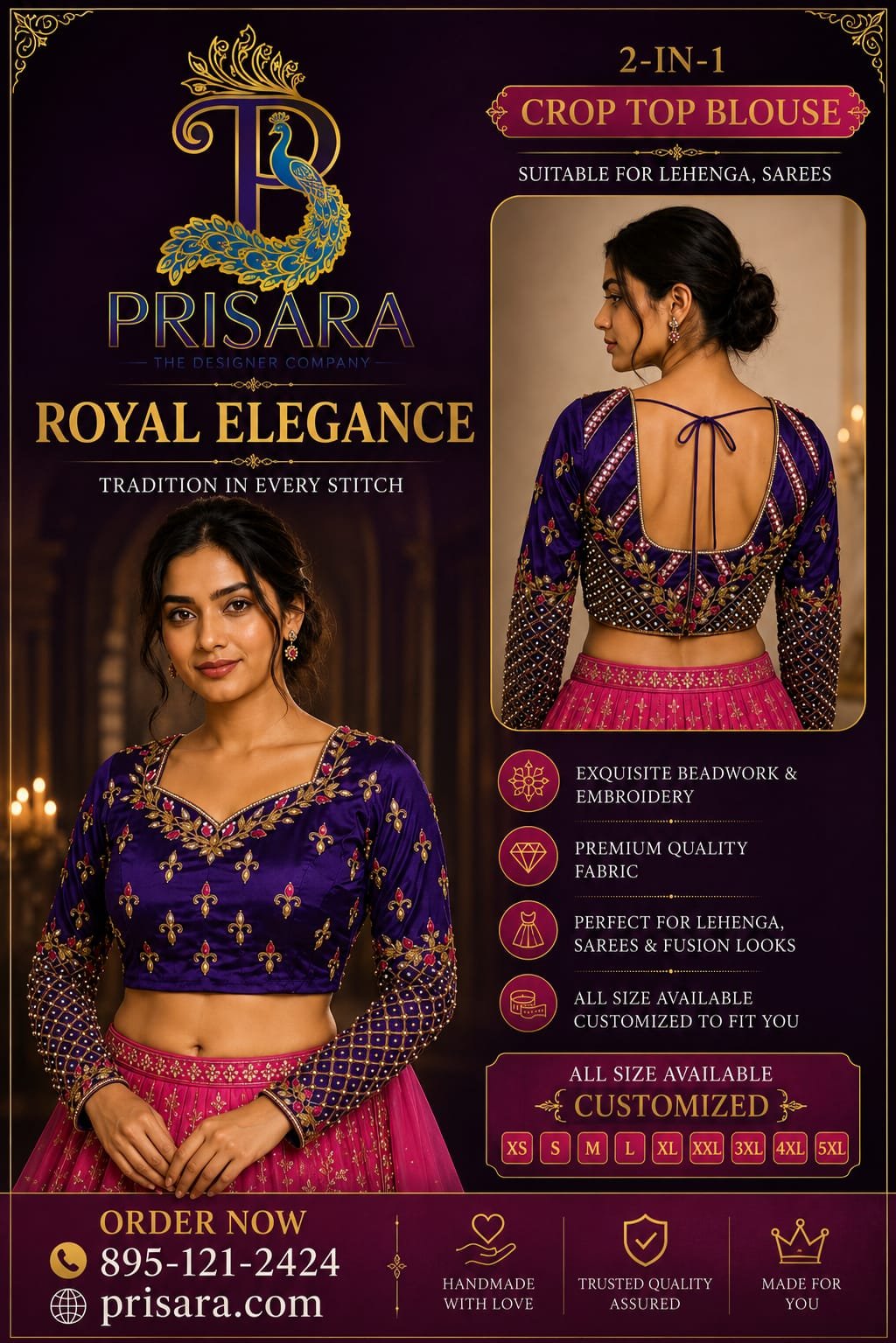 Purple 2-in-1 Multipurpose Crop Top Blouse with Heavy Zardosi Work | Floral Embroidery Designer Blouse | Full Sleeve Bridal Blouse | PRISARA - Image 4