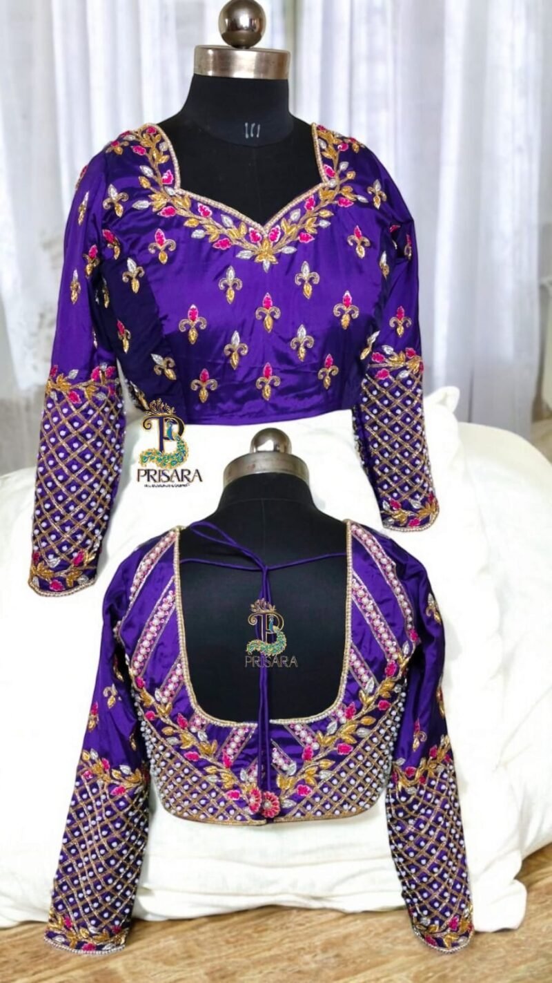 Purple 2-in-1 Multipurpose Crop Top Blouse with Heavy Zardosi Work | Floral Embroidery Designer Blouse | Full Sleeve Bridal Blouse | PRISARA