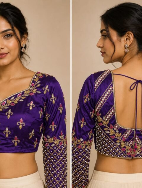 Purple 2-in-1 Multipurpose Crop Top Blouse with Heavy Zardosi Work | Floral Embroidery Designer Blouse | Full Sleeve Bridal Blouse | PRISARA - Image 3