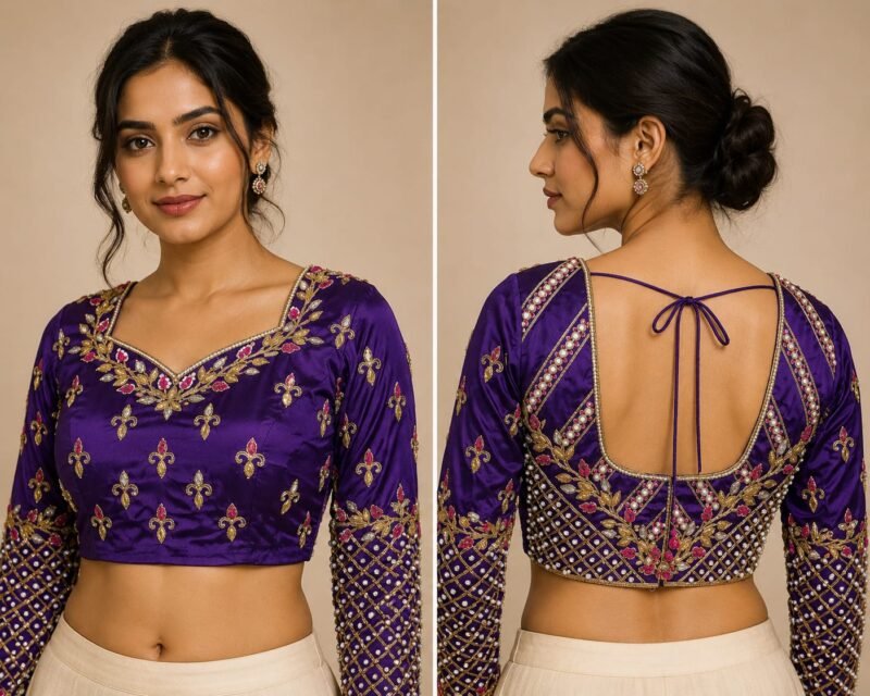 Purple 2-in-1 Multipurpose Crop Top Blouse with Heavy Zardosi Work | Floral Embroidery Designer Blouse | Full Sleeve Bridal Blouse | PRISARA