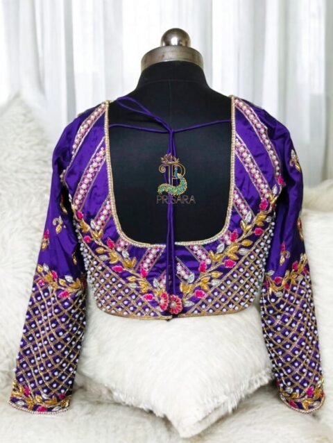 Purple 2-in-1 Multipurpose Crop Top Blouse with Heavy Zardosi Work | Floral Embroidery Designer Blouse | Full Sleeve Bridal Blouse | PRISARA - Image 5