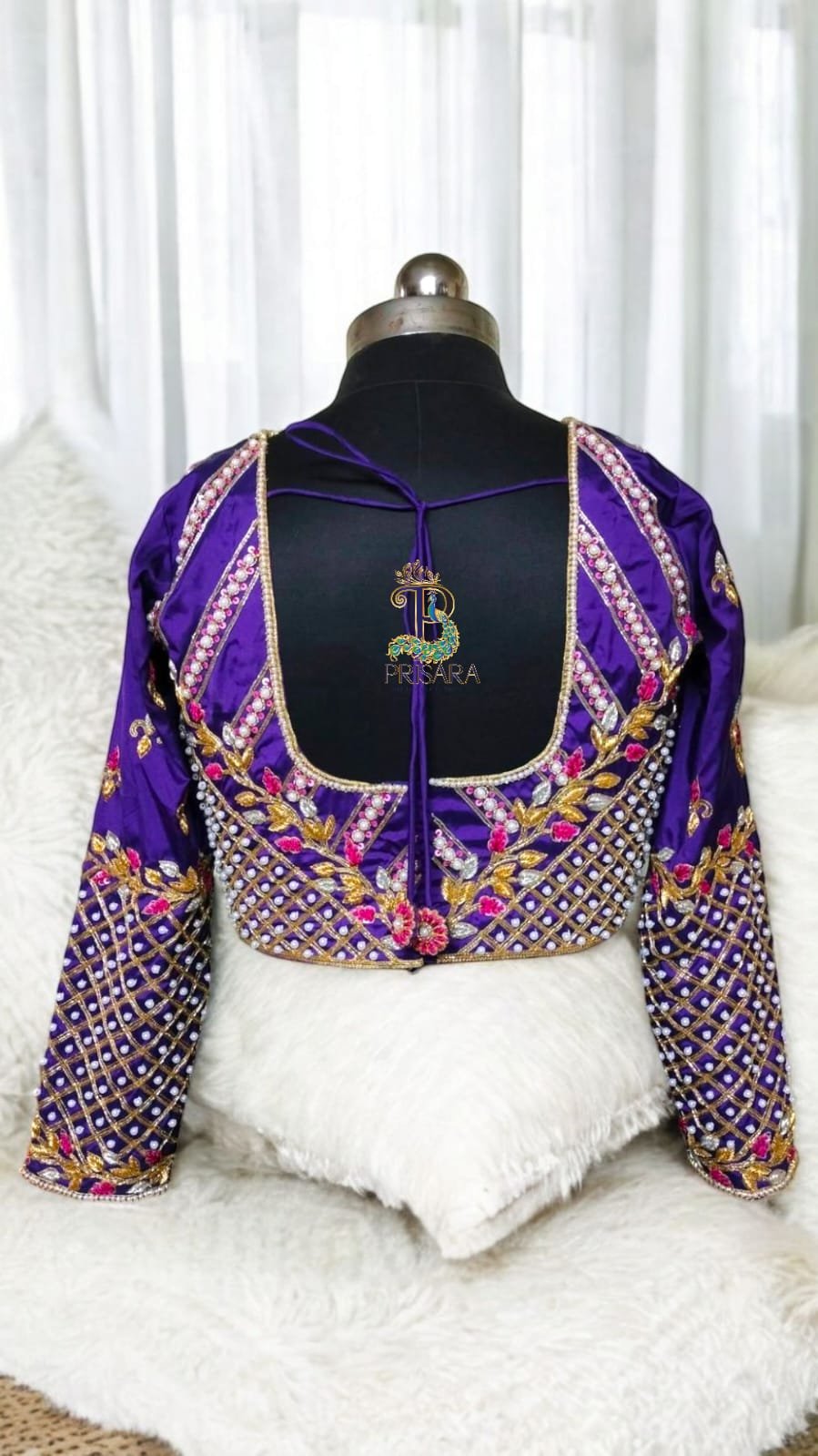 Purple 2-in-1 Multipurpose Crop Top Blouse with Heavy Zardosi Work | Floral Embroidery Designer Blouse | Full Sleeve Bridal Blouse | PRISARA - Image 5