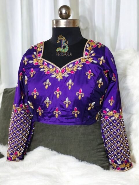 Purple 2-in-1 Multipurpose Crop Top Blouse with Heavy Zardosi Work | Floral Embroidery Designer Blouse | Full Sleeve Bridal Blouse | PRISARA - Image 6