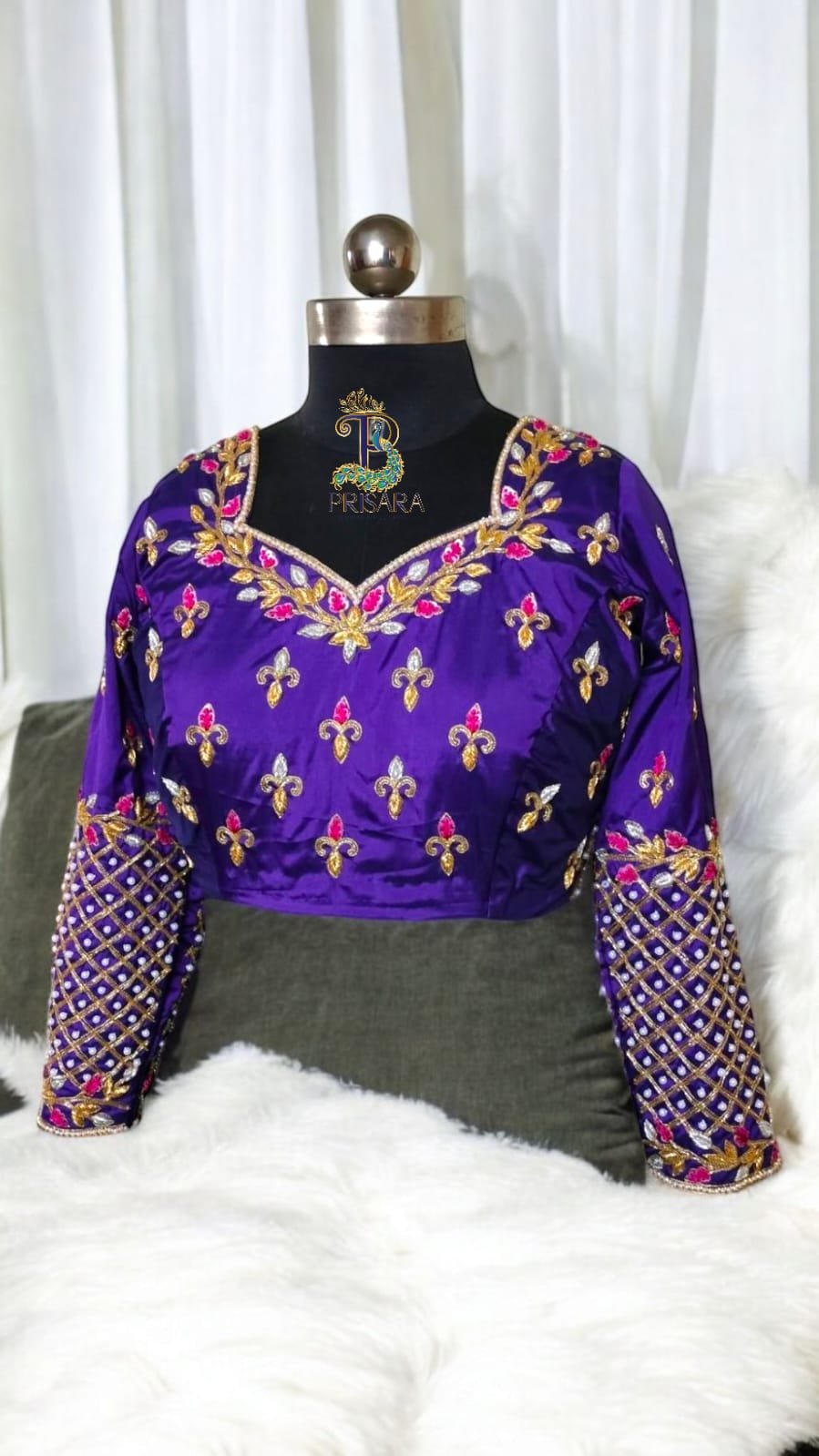 Purple 2-in-1 Multipurpose Crop Top Blouse with Heavy Zardosi Work | Floral Embroidery Designer Blouse | Full Sleeve Bridal Blouse | PRISARA - Image 6