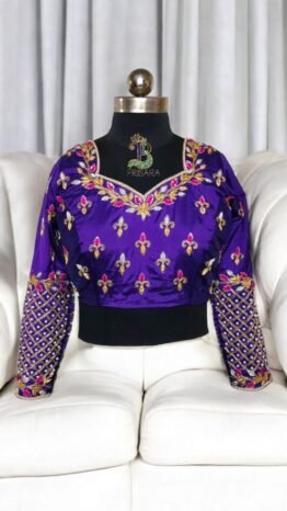 Purple 2-in-1 Multipurpose Crop Top Blouse with Heavy Zardosi Work | Floral Embroidery Designer Blouse | Full Sleeve Bridal Blouse | PRISARA