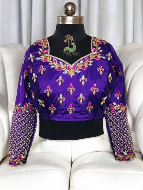 Purple 2-in-1 Multipurpose Crop Top Blouse with Heavy Zardosi Work | Floral Embroidery Designer Blouse | Full Sleeve Bridal Blouse | PRISARA - Image 9