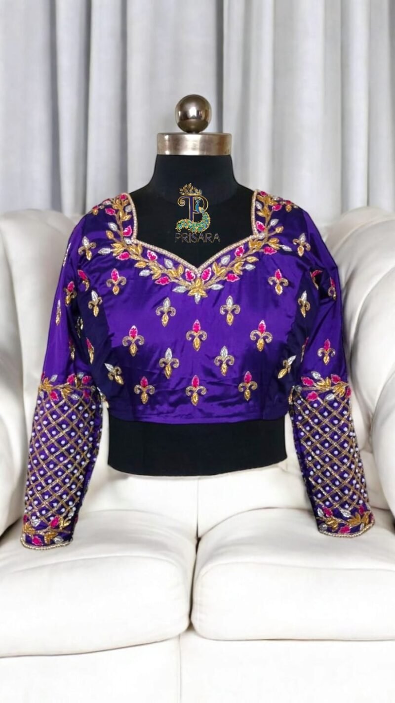 Purple 2-in-1 Multipurpose Crop Top Blouse with Heavy Zardosi Work | Floral Embroidery Designer Blouse | Full Sleeve Bridal Blouse | PRISARA