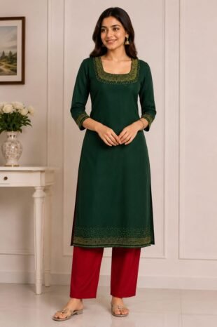 Dark Bottle Green Designer Kurti Set with Bead Work | Semi Raw Silk Kurti & Pant Set for Women | PRISARA