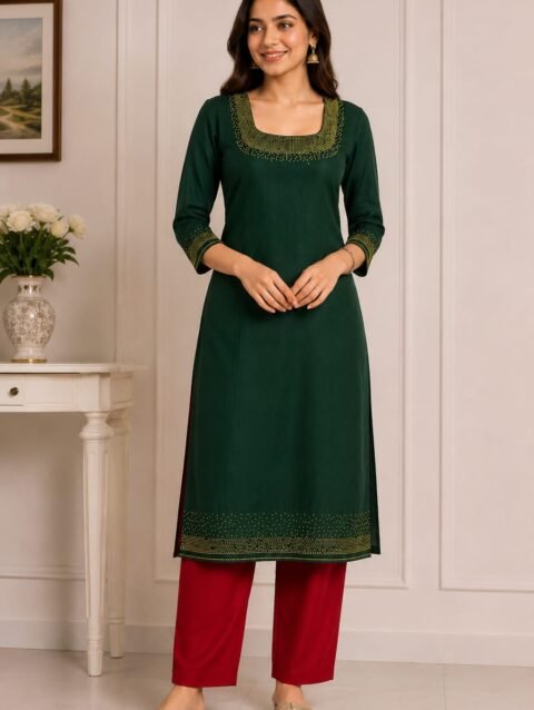 Dark Bottle Green Designer Kurti Set with Bead Work | Semi Raw Silk Kurti & Pant Set for Women | PRISARA - Image 9