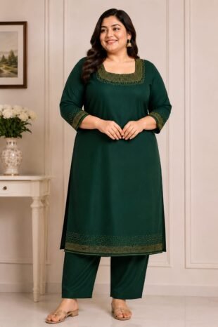 Dark Bottle Green Designer Kurti Set with Bead Work | Semi Raw Silk Kurti & Pant Set for Women | PRISARA
