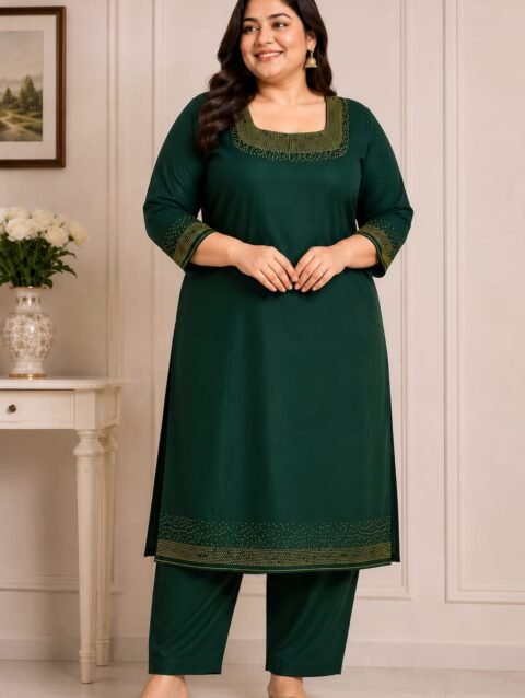Dark Bottle Green Designer Kurti Set with Bead Work | Semi Raw Silk Kurti & Pant Set for Women | PRISARA - Image 7