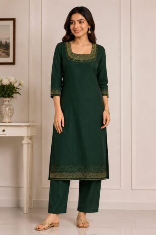 Dark Bottle Green Designer Kurti Set with Bead Work | Semi Raw Silk Kurti & Pant Set for Women | PRISARA