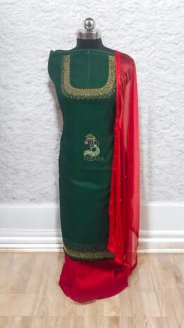 Dark Bottle Green Designer Kurti Set with Bead Work | Semi Raw Silk Kurti & Pant Set for Women | PRISARA