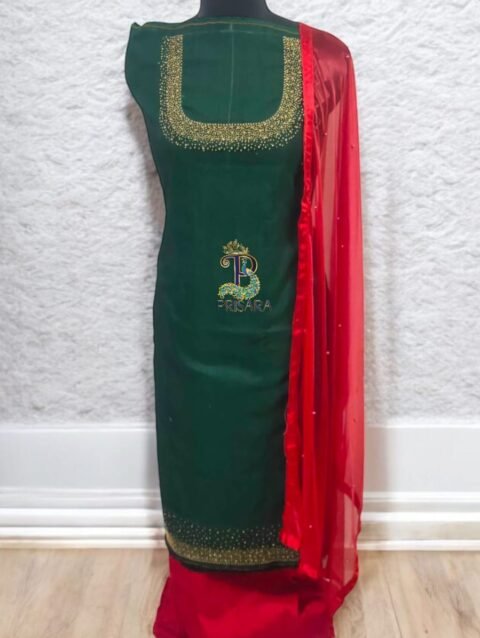 Dark Bottle Green Designer Kurti Set with Bead Work | Semi Raw Silk Kurti & Pant Set for Women | PRISARA - Image 5