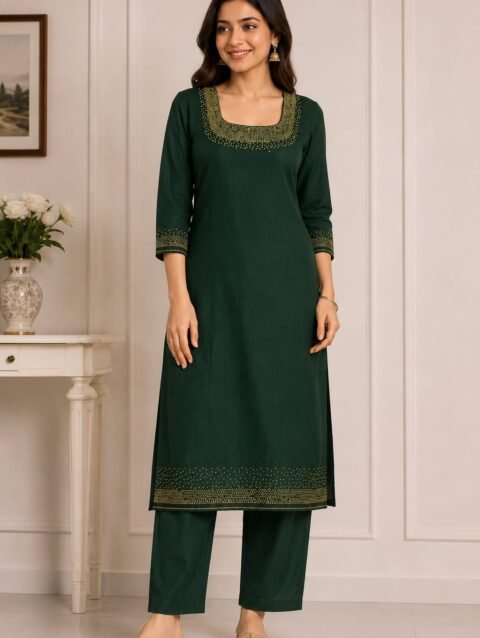 Dark Bottle Green Designer Kurti Set with Bead Work | Semi Raw Silk Kurti & Pant Set for Women | PRISARA - Image 8