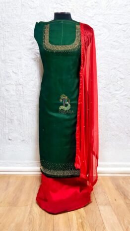 Dark Bottle Green Designer Kurti Set with Bead Work | Semi Raw Silk Kurti & Pant Set for Women | PRISARA