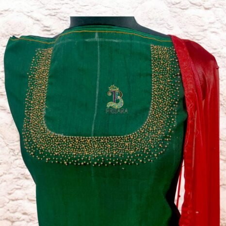 Dark Bottle Green Designer Kurti Set with Bead Work | Semi Raw Silk Kurti & Pant Set for Women | PRISARA