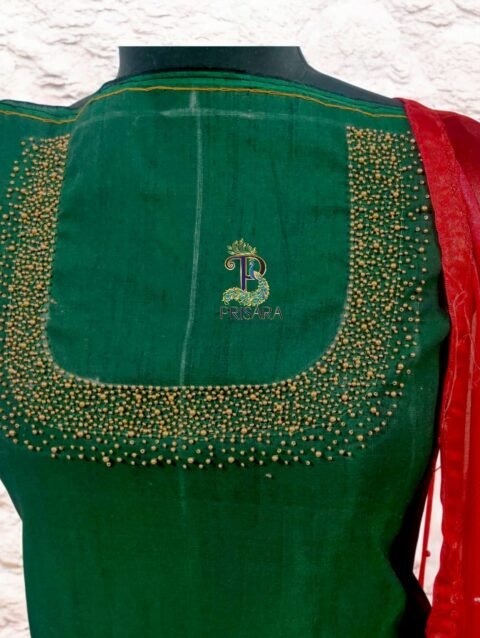 Dark Bottle Green Designer Kurti Set with Bead Work | Semi Raw Silk Kurti & Pant Set for Women | PRISARA - Image 3