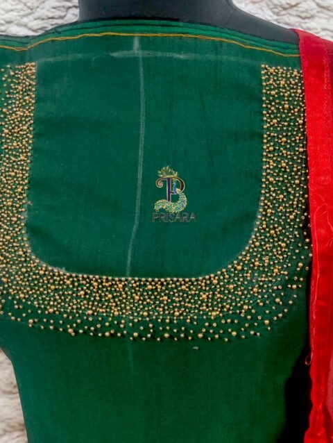 Dark Bottle Green Designer Kurti Set with Bead Work | Semi Raw Silk Kurti & Pant Set for Women | PRISARA - Image 4