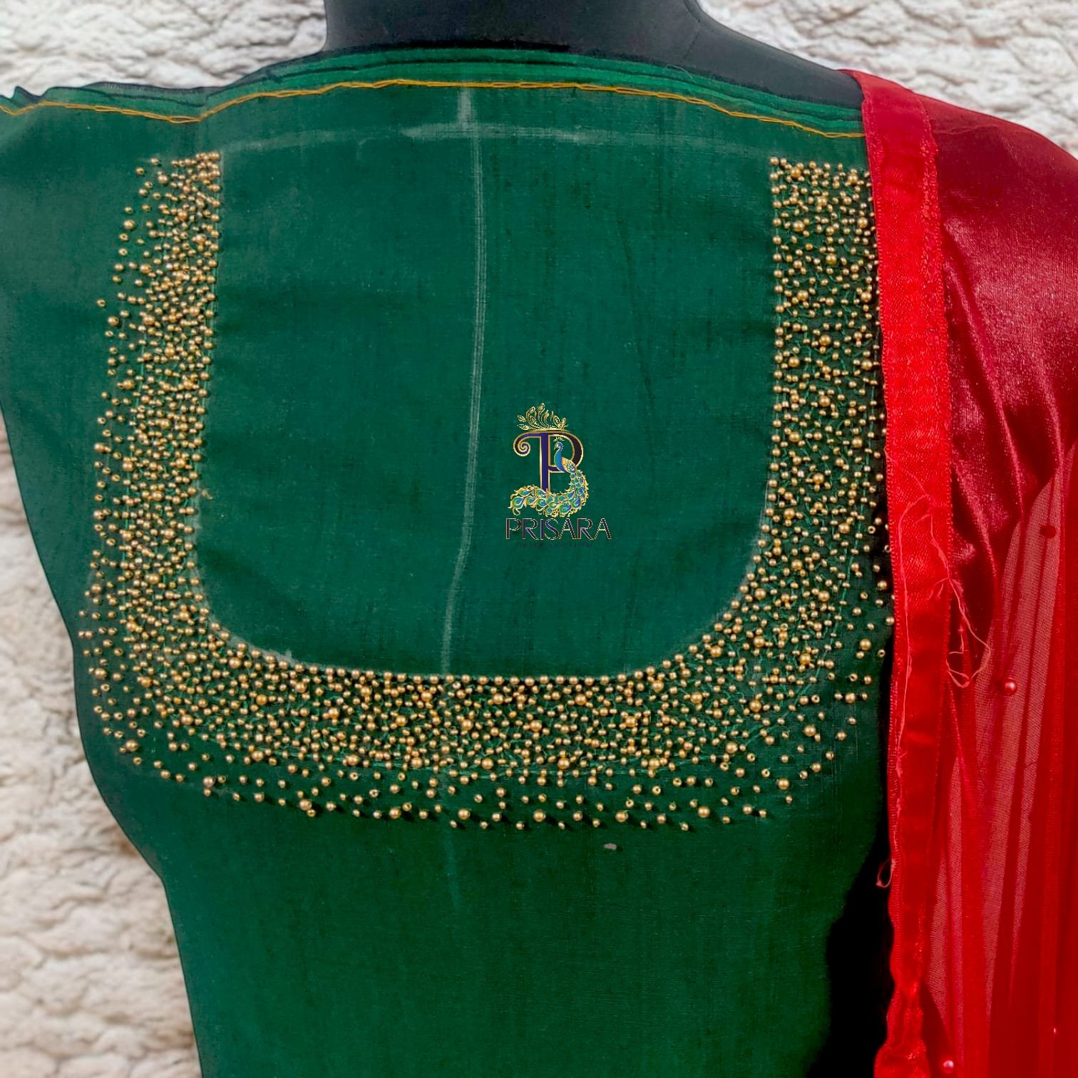 Dark Bottle Green Designer Kurti Set with Bead Work | Semi Raw Silk Kurti & Pant Set for Women | PRISARA - Image 4