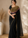 Black Designer Semi Raw Silk Saree with Heavy Bead Work, Original Mirror Work & Multicolour Thread Embroidery | Custom Designer Saree | PRISARA