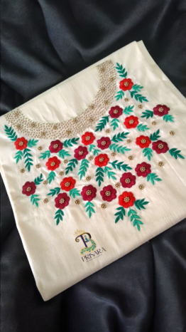 Cream Designer Floral Embroidery Kurti Set | Grand Maroon & Red Floral Embroidery with Golden Beadwork | PRISARA