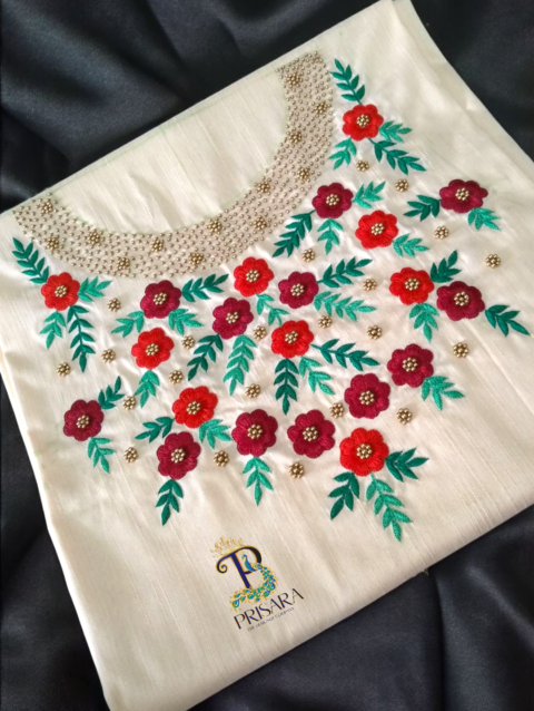 Cream Designer Floral Embroidery Kurti Set | Grand Maroon & Red Floral Embroidery with Golden Beadwork | PRISARA - Image 2