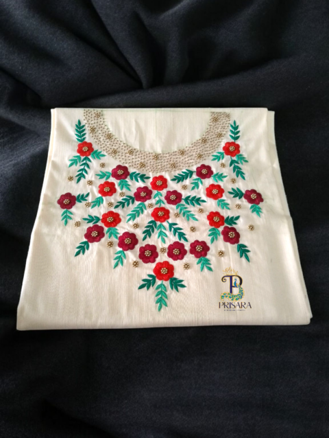 Cream Designer Floral Embroidery Kurti Set | Grand Maroon & Red Floral Embroidery with Golden Beadwork | PRISARA - Image 3