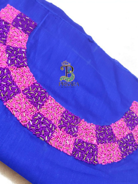 Dark Blue Designer Coord Set | White Boat Neck with Pink & Purple Knot Work and Beadwork | PRISARA - Image 4