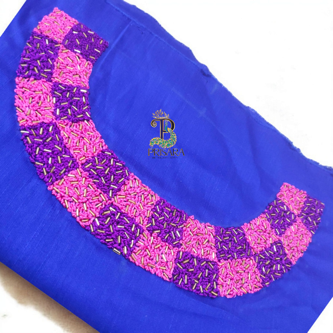 Dark Blue Designer Coord Set | White Boat Neck with Pink & Purple Knot Work and Beadwork | PRISARA - Image 4