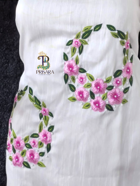 Designer Floral Embroidery Kurti Set | Light & Dark Pink Flowers with Green Leaf Embroidery | PRISARA - Image 4