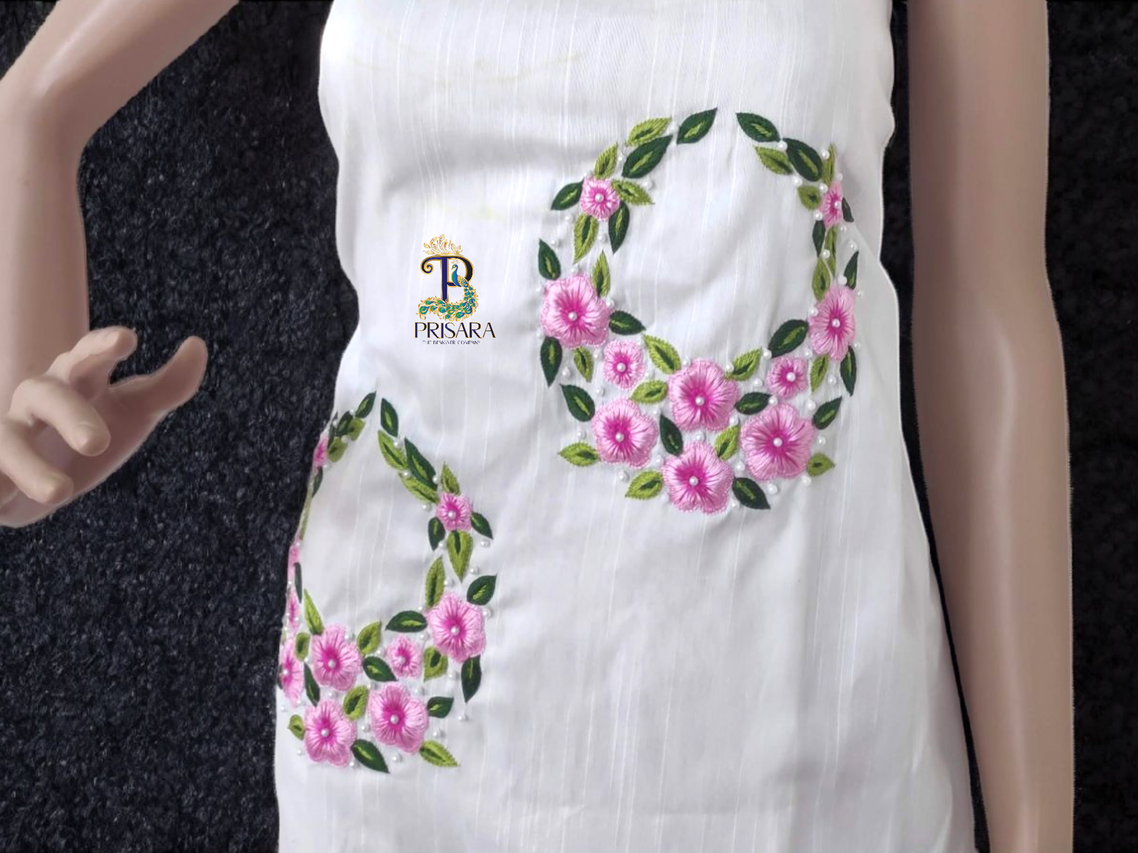 Designer Floral Embroidery Kurti Set | Light & Dark Pink Flowers with Green Leaf Embroidery | PRISARA - Image 4