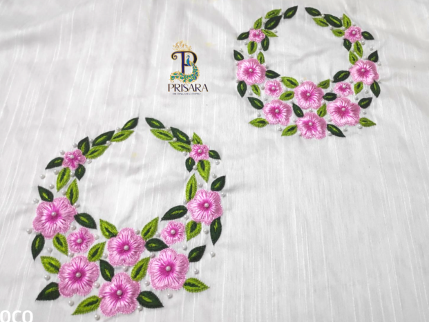 Designer Floral Embroidery Kurti Set | Light & Dark Pink Flowers with Green Leaf Embroidery | PRISARA