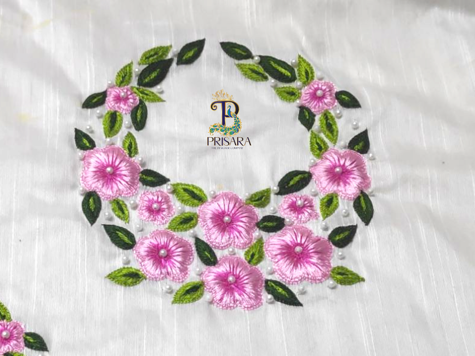 Designer Floral Embroidery Kurti Set | Light & Dark Pink Flowers with Green Leaf Embroidery | PRISARA - Image 3