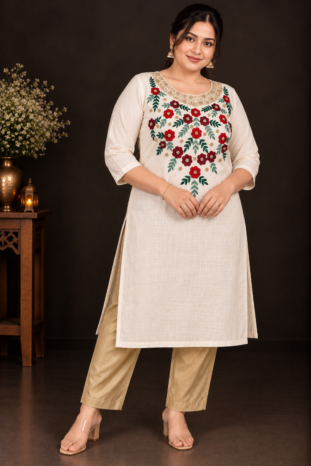 Cream Designer Floral Embroidery Kurti Set | Grand Maroon & Red Floral Embroidery with Golden Beadwork | PRISARA