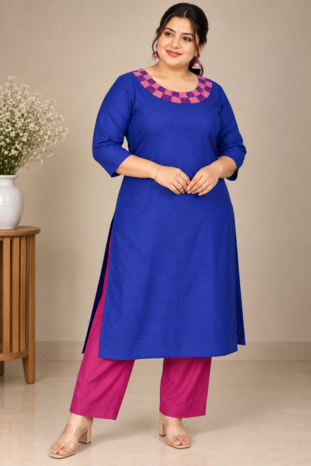 Dark Blue Designer Coord Set | White Boat Neck with Pink & Purple Knot Work and Beadwork | PRISARA