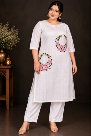 Designer Floral Embroidery Kurti Set | Light & Dark Pink Flowers with Green Leaf Embroidery | PRISARA