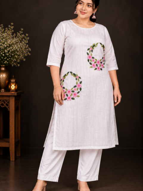 Designer Floral Embroidery Kurti Set | Light & Dark Pink Flowers with Green Leaf Embroidery | PRISARA - Image 11