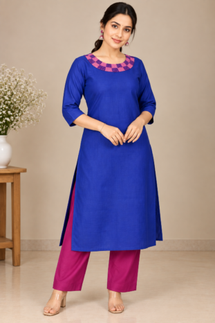 Dark Blue Designer Coord Set | White Boat Neck with Pink & Purple Knot Work and Beadwork | PRISARA