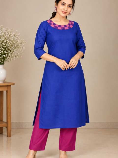 Dark Blue Designer Coord Set | White Boat Neck with Pink & Purple Knot Work and Beadwork | PRISARA - Image 1