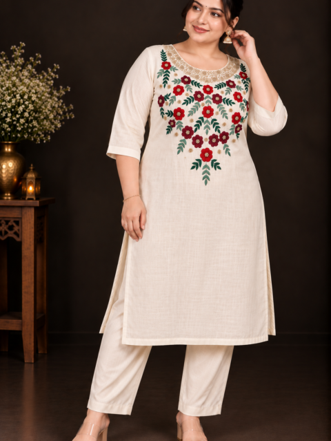 Cream Designer Floral Embroidery Kurti Set | Grand Maroon & Red Floral Embroidery with Golden Beadwork | PRISARA - Image 11