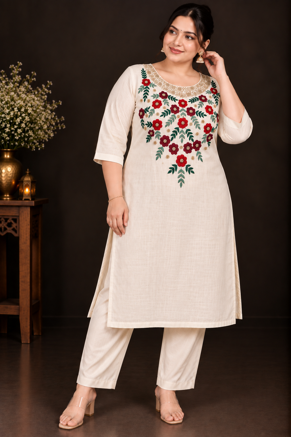 Cream Designer Floral Embroidery Kurti Set | Grand Maroon & Red Floral Embroidery with Golden Beadwork | PRISARA - Image 11