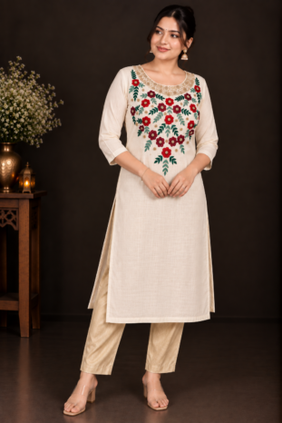 Cream Designer Floral Embroidery Kurti Set | Grand Maroon & Red Floral Embroidery with Golden Beadwork | PRISARA