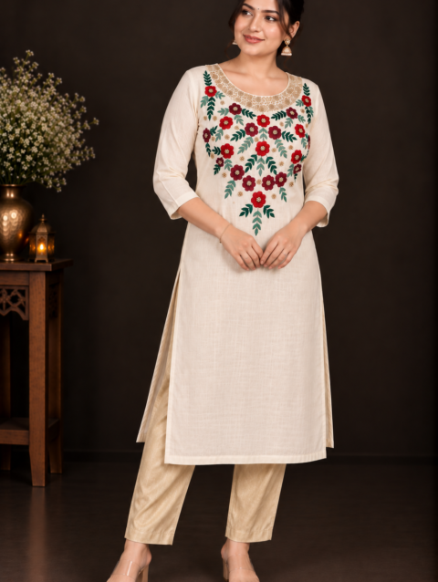 Cream Designer Floral Embroidery Kurti Set | Grand Maroon & Red Floral Embroidery with Golden Beadwork | PRISARA - Image 8