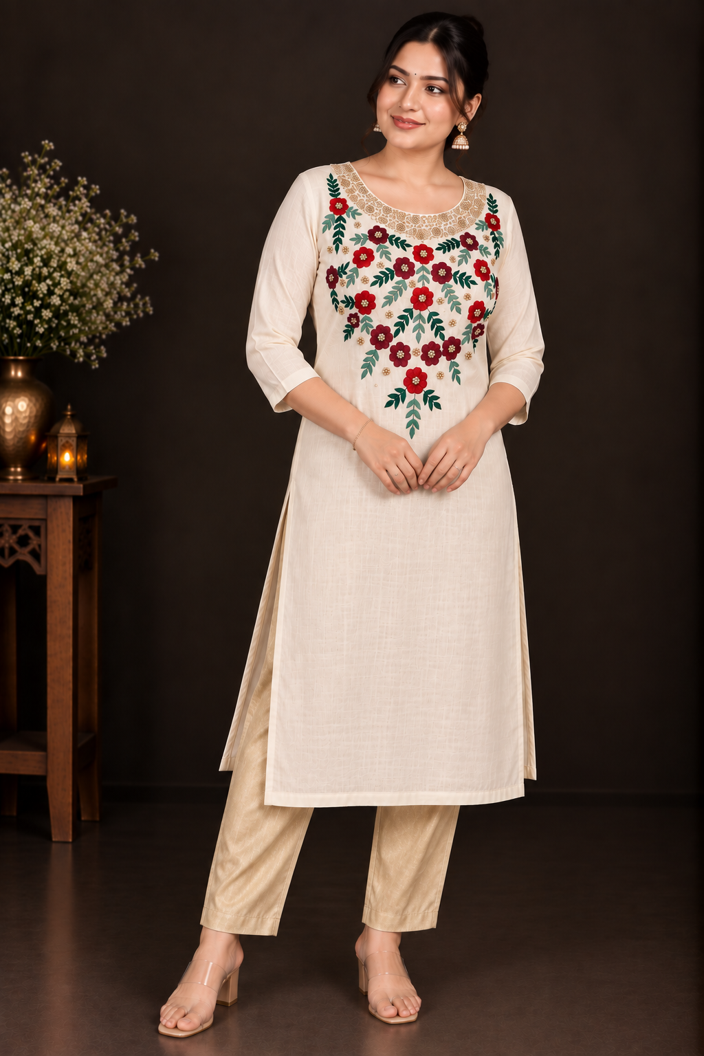 Cream Designer Floral Embroidery Kurti Set | Grand Maroon & Red Floral Embroidery with Golden Beadwork | PRISARA - Image 8