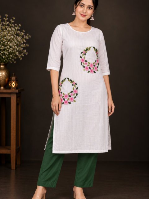 Designer Floral Embroidery Kurti Set | Light & Dark Pink Flowers with Green Leaf Embroidery | PRISARA - Image 7
