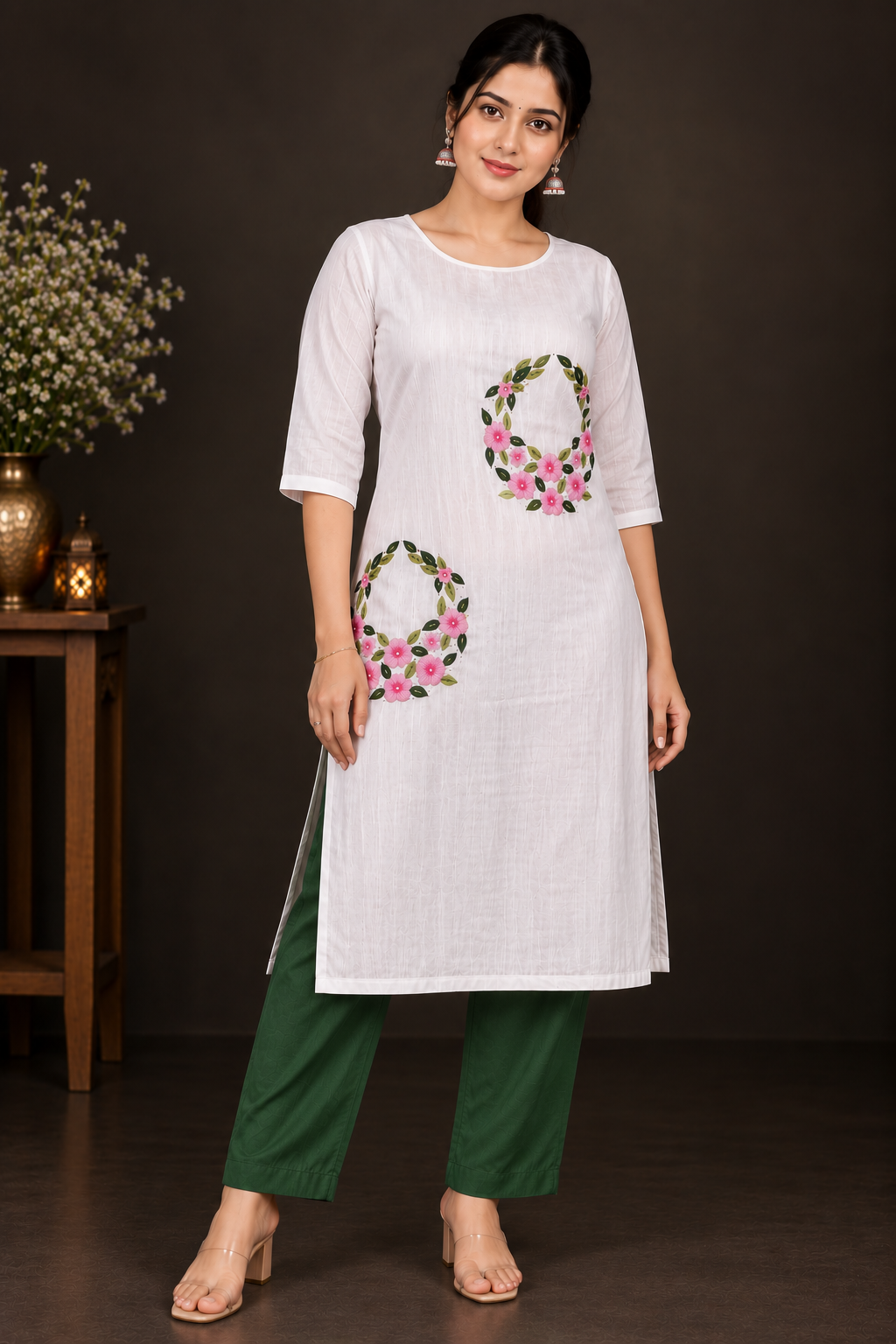 Designer Floral Embroidery Kurti Set | Light & Dark Pink Flowers with Green Leaf Embroidery | PRISARA - Image 7